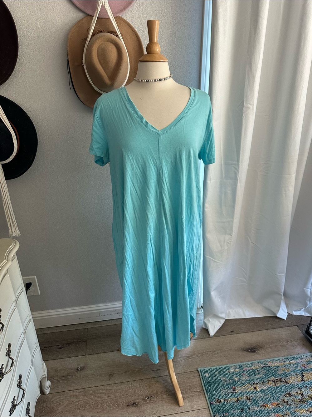 Light Blue V-Neck Maxi Dress - Relaxed Short Sleeve